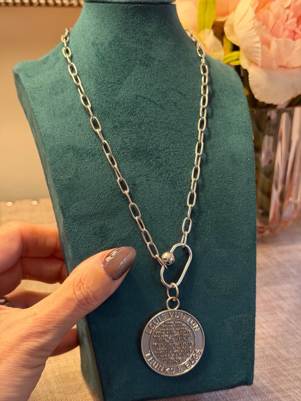 Silver Medallion Trunks and Bags on Staple Link Chain Necklace - Silver tone